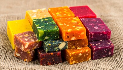 A vibrant array of colorful, square sweets stacked high on a textured burlap surface.