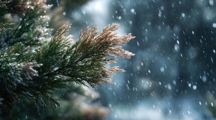 Serene view of a conifer branch dusted with snow during a winter snowfall