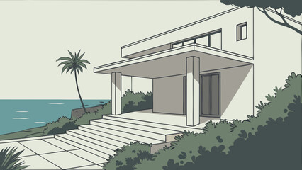 Coastal Modern House Illustration Ocean View Home Design Minimalist Architecture Drawing Seaside Property Tropical Landscape Exterior Design Home Exterior House Illustration Architectural Drawing Mod.