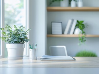 Minimalist Workspace with Green Plant and Natural Light