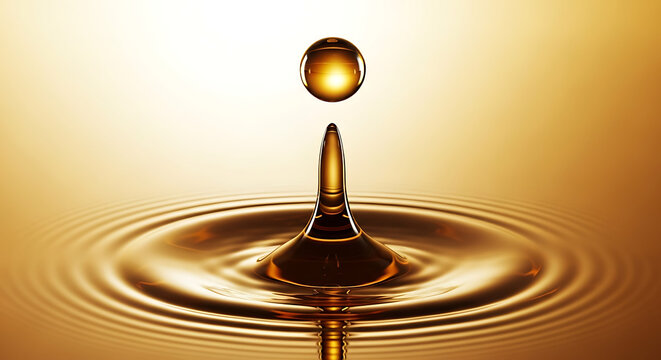 Golden liquid drop forming ripples on a smooth surface, capturing dynamic motion and elegance