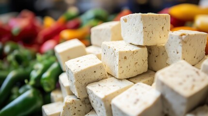 Fototapeta premium Close-up view of cubed tofu.