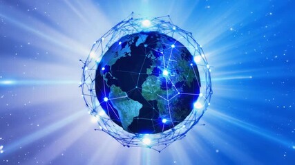 Stylized digital rendering of Earth surrounded by a glowing network of blue light connections, representing global communication, data exchange, and interconnected technology systems in space. - Powered by Adobe