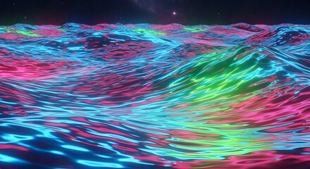 Abstract colorful ocean waves with cosmic sky background, digital art.