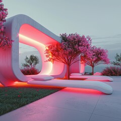 Futuristic Outdoor Space with Pinkilluminated Structure