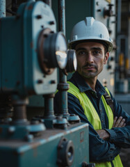 Power grid specialist in safety gear beside transmission equipment