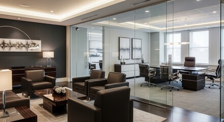 Sophisticated Modern Corporate Office Interior with Executive Lounge, Glass Partitioned Meeting Room, Dark Wood Furniture, and Contemporary Decor