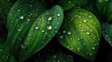 Obraz premium Raindrops on Vibrant Green Leaves