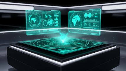 Futuristic control panel with holographic displays showing world maps and data visualizations in a dark room - Powered by Adobe