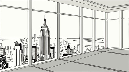 High-rise Office Interior with City View Sketch Modern Building Urban Landscape Illustration Panoramic Window Design.