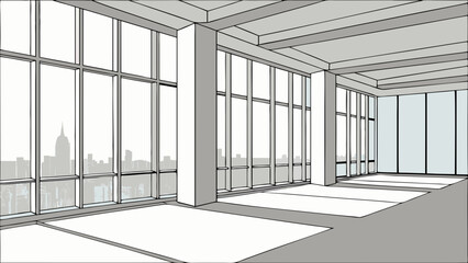 High-rise Office Space with City View Modern Interior Design Illustration Panoramic Windows Architectural Sketch Empty Room.