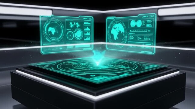 Futuristic control panel with holographic displays showing world maps and data visualizations in a dark room