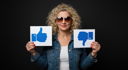 Like or Unlike: A stylish lady with sunglasses, holding both Like and Unlike signs. The contrast in expressions hints at a range of choices and opinions.