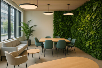 Fototapeta premium conference room green living. A modern meeting space featuring greenery, stylish furniture, and ample natural light, ideal for collaboration and relaxation.
