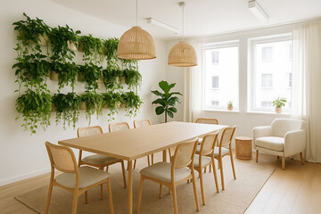 Fototapeta premium conference room green living. A bright, modern dining area featuring a large wooden table, rattan chairs, and lush green plants on the wall, creating a fresh and inviting atmosphere.