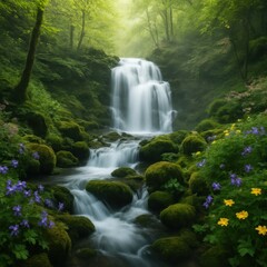 Serene waterfall cascading through a lush green forest creates a peaceful landscape scene