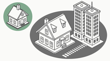 Isometric illustration of residential house and apartment buildings urban architecture design city buildings real estate home and office buildings.