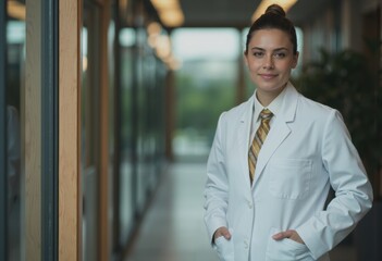 Fototapeta premium Healthcare specialist in a white coat standing near hospital entrance
