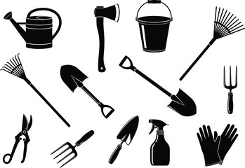 Silhouette gardening tools set, black vector illustration, shovel, rake, watering can, pruning shears, bucket, gloves, spray bottle, garden equipment icons