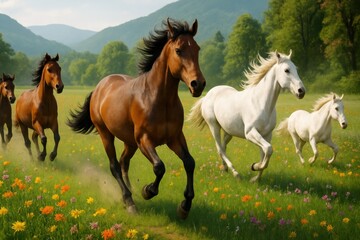 Fototapeta premium Horses galloping freely through a flower-filled meadow on a sunny day, creating a harmonious and