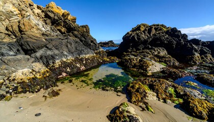 Fototapeta premium Rocky coastline with tide pools and vibrant green seaweed, showcasing a sunlit beach scene.