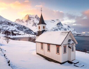 Snowy church at sunrise