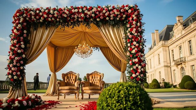 Luxurious Wedding Ceremony Setup Elegant Mandap Red White Roses Chateau Background.