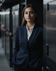 Confident meeting coordinator standing near corporate facility equipment