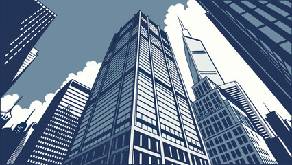 Obraz premium Low Angle View of Modern City Skyline Urban Architecture Skyscrapers Business District Illustration.