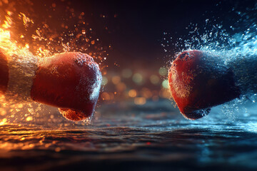 Boxing gloves clash in a dynamic and energetic atmosphere during an intense showdown