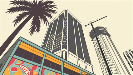 Low angle view of skyscrapers palm tree and construction crane in a city illustration.