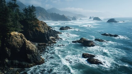 Elevated shot of a wild shoreline with crashing waves in crisp detail contrasting against the blurred backdrop of distant cliffs and misty horizon for cinematic effect.