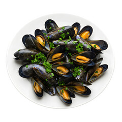 Steamed mussels with parsley on white plate isolated on white or transparent background, PNG format.