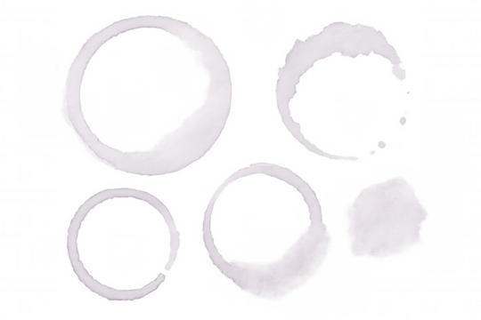 Coffee and tea cup stains creating organic rings, blobs on transparent backdrop, enhancing graphic design authenticity