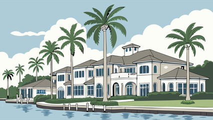 Obraz premium Luxury Waterfront House Tropical Landscape Palm Trees Ocean View Summer Vacation Home Illustration.
