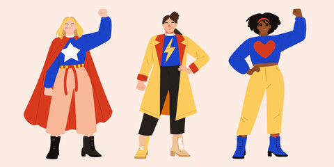Three diverse women depicted as modern superheroes standing confidently with fists raised in solidarity and empowerment