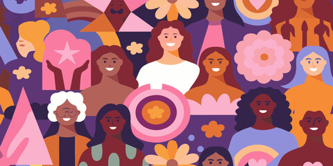 Diverse group of smiling women of different ages and ethnicities celebrating together with flowers and rainbows