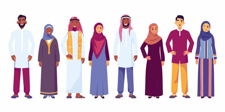 Diverse group of smiling men and women in traditional middle eastern clothing standing together