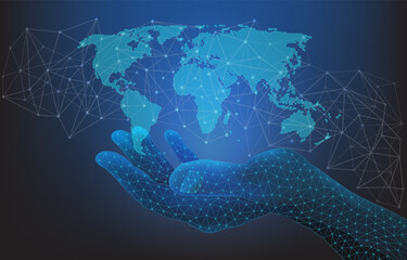 Abstract hand holding world map blue background, surrounded by a data network. Futuristic concept of global technology.