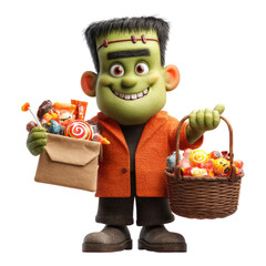 Fototapeta premium Happy Cartoon Character Holding Candy and Treats for Halloween Fun