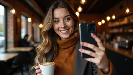 Stylish young woman taking selfie with smartphone while enjoying artisanal coffee in trendy cafe. Perfect social media moment with authentic smile and latte art.