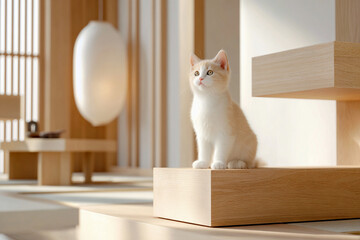 White Cat Sitting in Minimalist Japanese Interior
