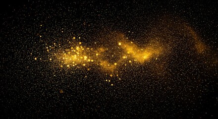 Obraz premium A glittering gold dust cloud with a dark background and many small glowing particles scattered around