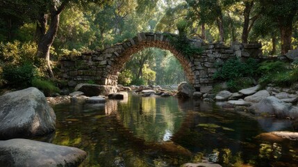 Crisp medium shot of an ancient stone bridge over a tranquil river surrounded by blurred foliage and soft sunlight filtering through trees.