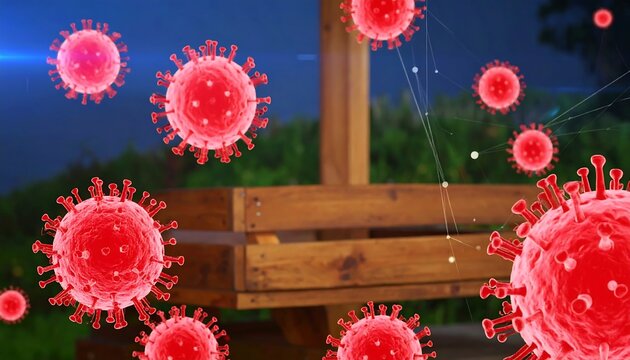 Red virus particles over picnic table