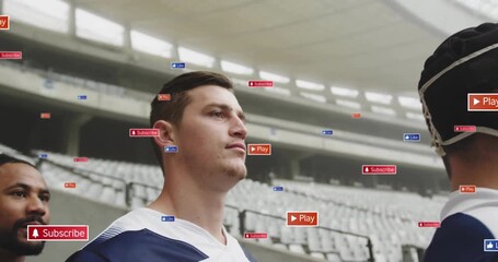Rugby players facing sideline as social media icons drifting past third joining boosting engagement - Powered by Adobe