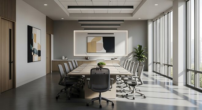 Spacious and contemporary conference room with natural light and minimalist design for productive meetings - Powered by Adobe