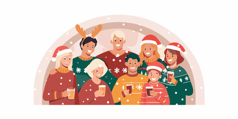 Diverse group of happy people wearing festive christmas sweaters and santa hats holding drinks