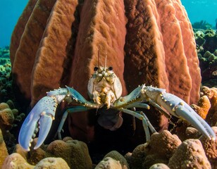 Lobster near coral. Underwater scene