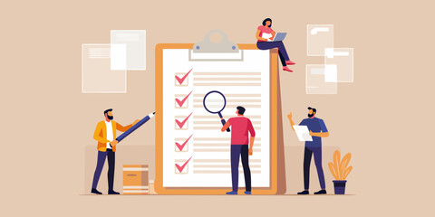 Team collaborates on a checklist using a magnifying glass and pencil for project management and task completion